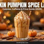 Iced pumpkin spice latte with whipped cream and caramel drizzle on a wooden café table with small pumpkins