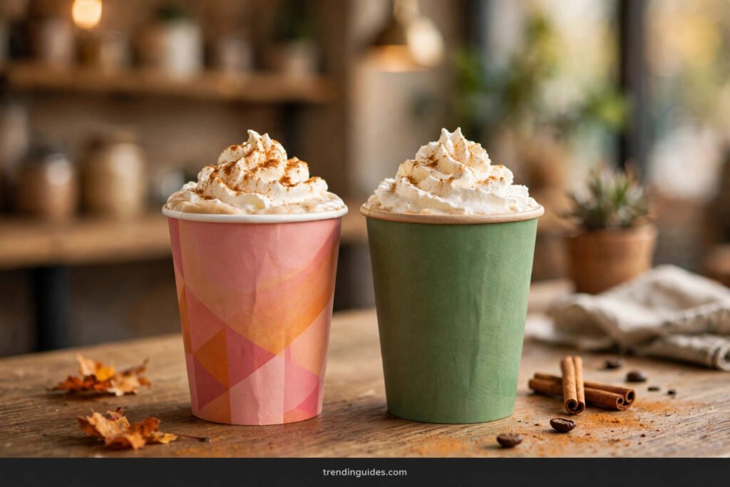 Two pumpkin spice lattes in pink-orange and green takeaway cups side by side for comparison