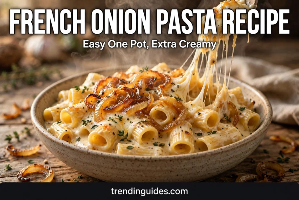 Bowl of creamy French onion pasta with melted cheese and caramelized onions