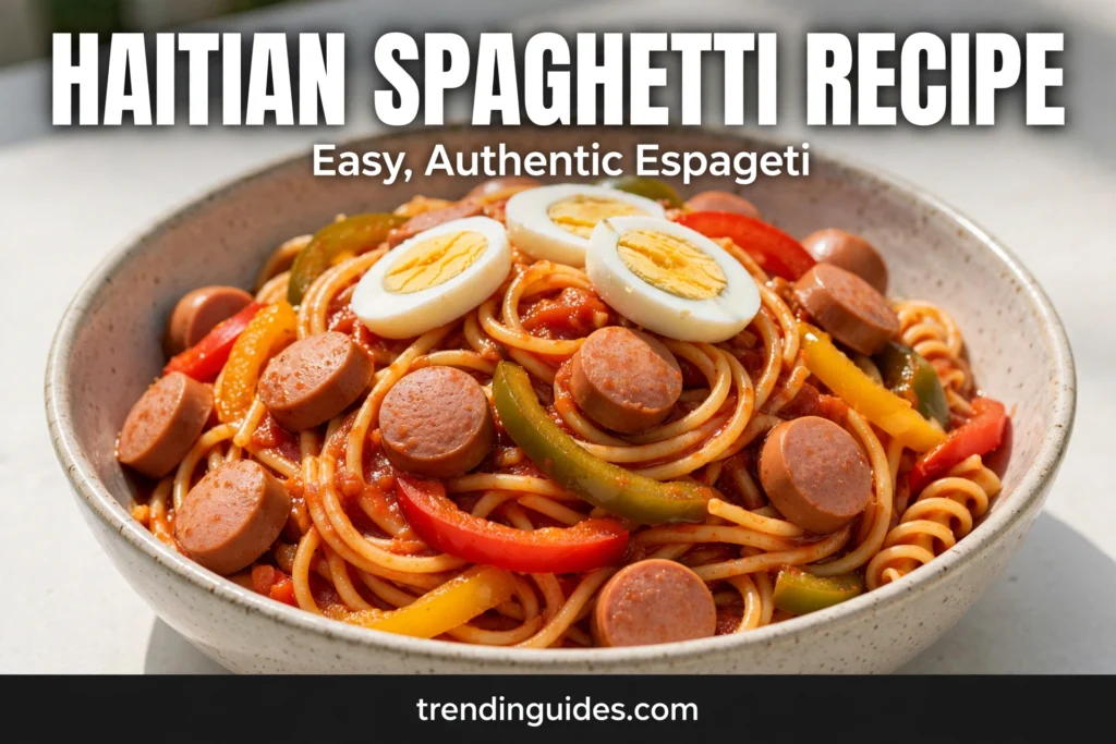 Haitian spaghetti recipe thumbnail with frankfurters peppers and boiled egg