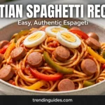 Haitian spaghetti recipe thumbnail with frankfurters peppers and boiled egg