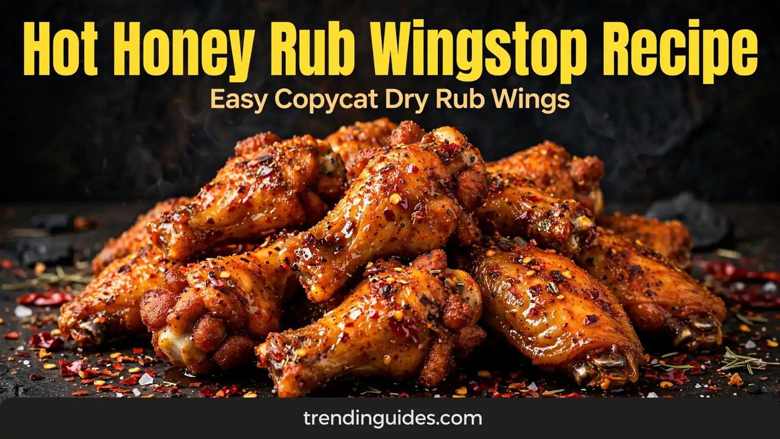 Crispy hot honey rubbed chicken wings piled on a dark board