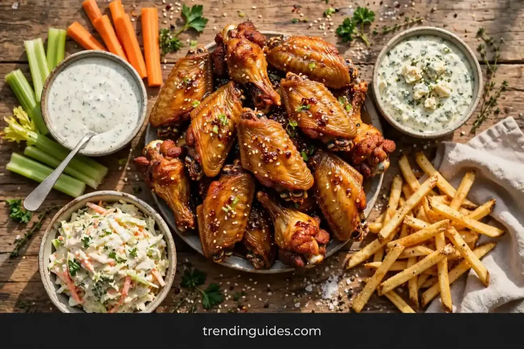 Game day spread with hot honey wings, dips, fries and vegetables