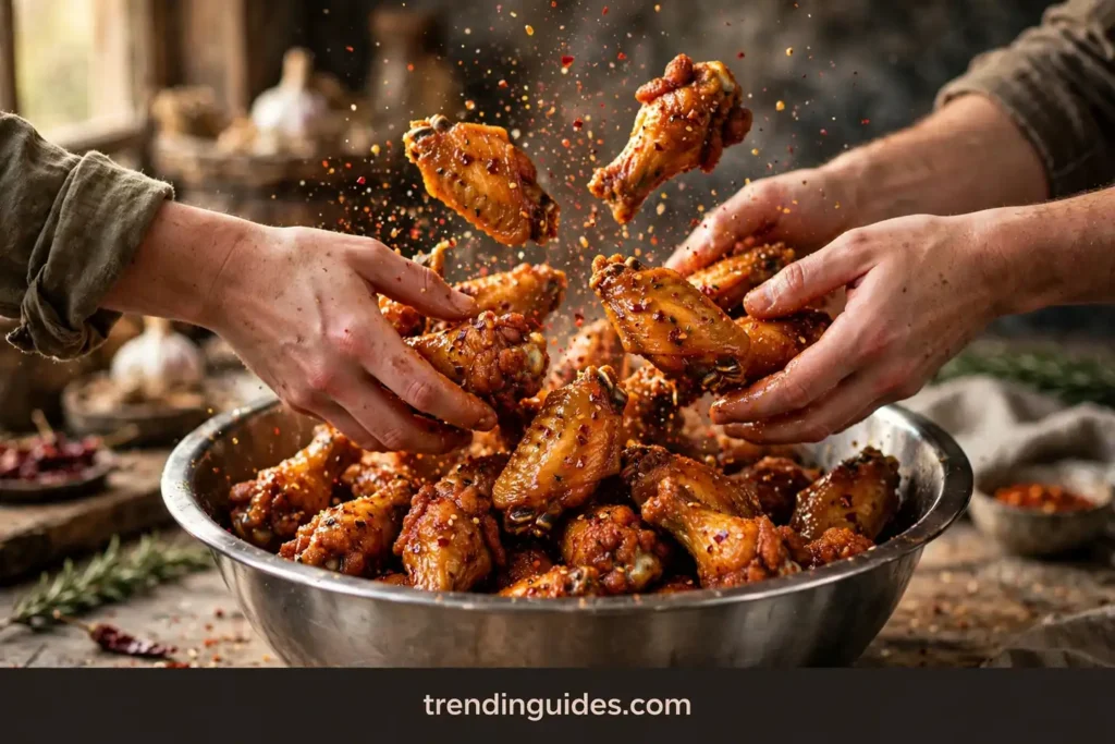 Tossing crispy chicken wings with hot honey dry rub seasoning in a bowl