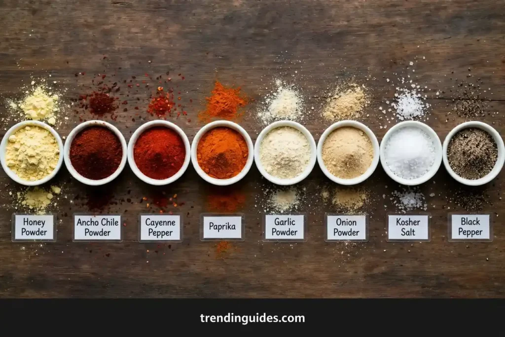 Small bowls of honey powder, ancho chile, cayenne, paprika and other spices
