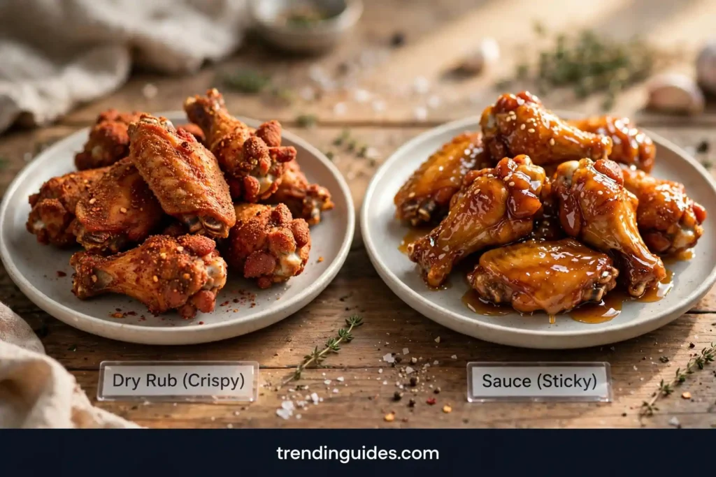 Dry rub wings next to sticky honey glazed wings for comparison