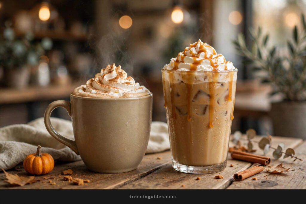 Hot pumpkin spice latte in a ceramic mug beside an iced pumpkin spice latte in a tall glass