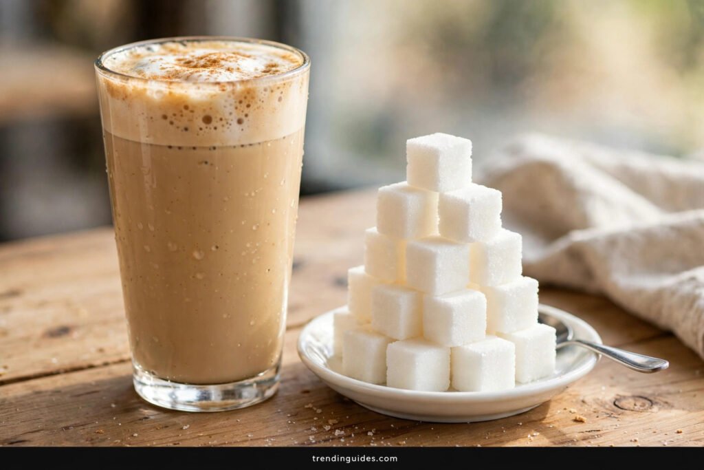 Pumpkin spice latte next to a dish stacked with sugar cubes showing the drink's sugar content