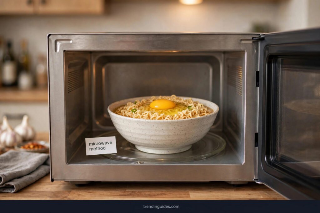 Bowl of ramen with a raw egg on top inside an open microwave