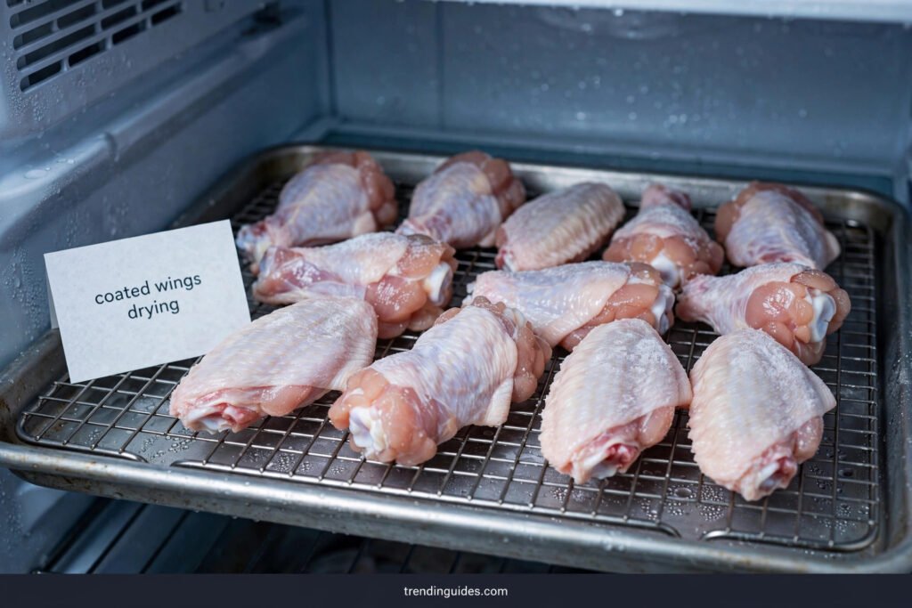 Coated chicken wings drying on a wire rack in the refrigerator