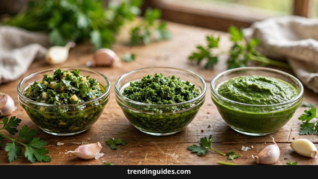 Three bowls showing chimichurri made by hand-chopping, food processor, and mortar and pestle