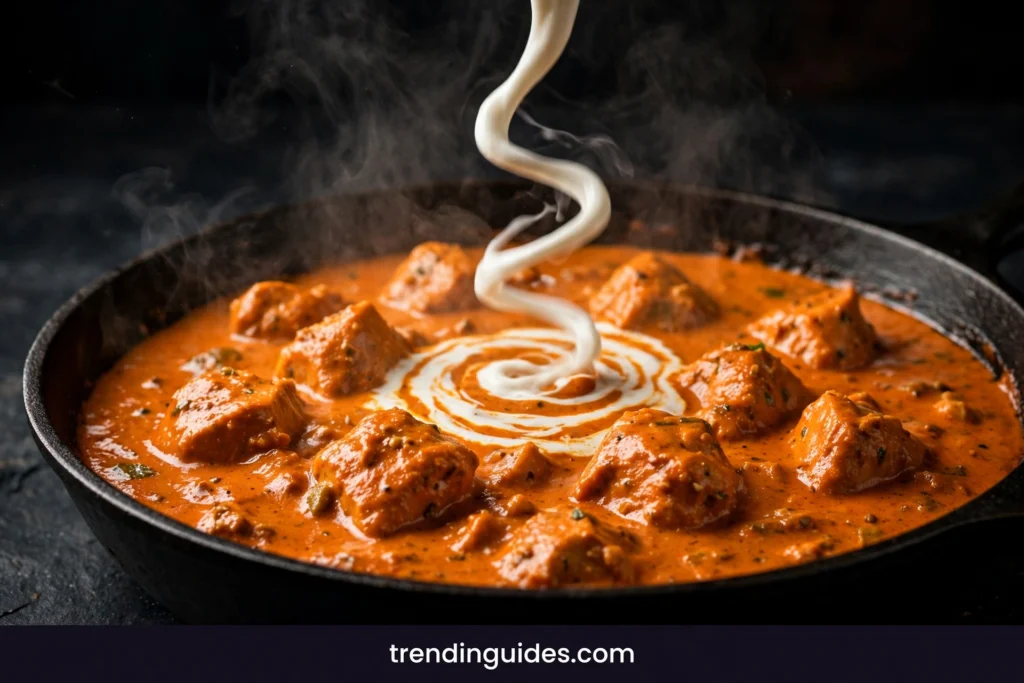Cream swirl being poured into butter chicken curry