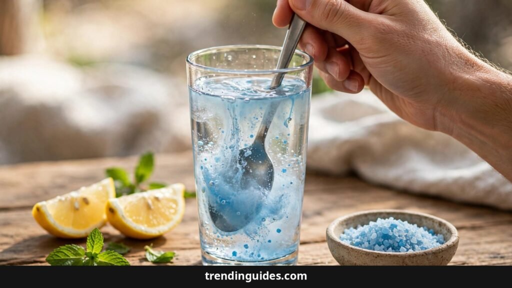 Stirring Persian blue salt into a glass of water with lemon
