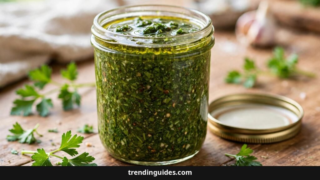 Jar of chimichurri with a thin layer of olive oil on top for storage