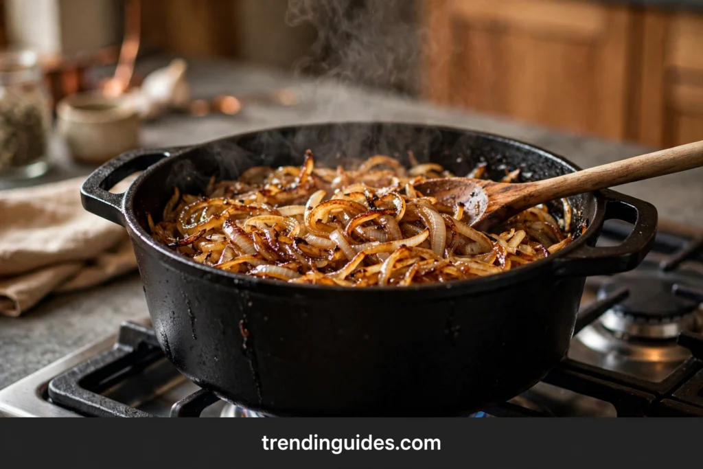 Caramelized onions cooking in a Dutch oven