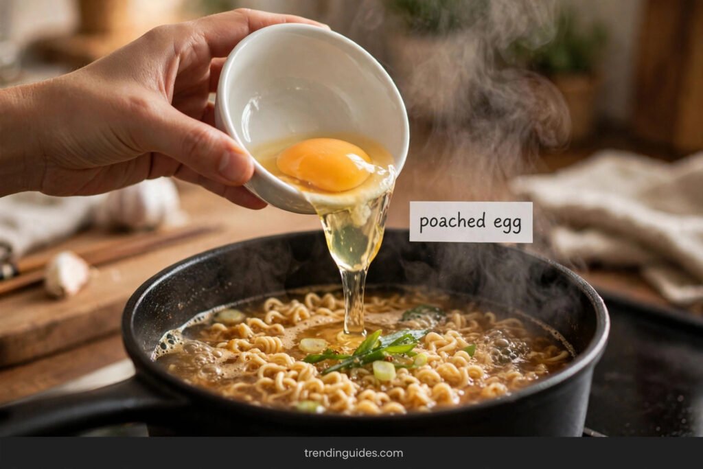 Raw egg being slid from a small bowl into simmering ramen broth