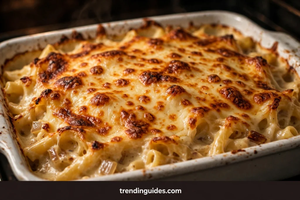 Baked French onion pasta with golden broiled cheese crust