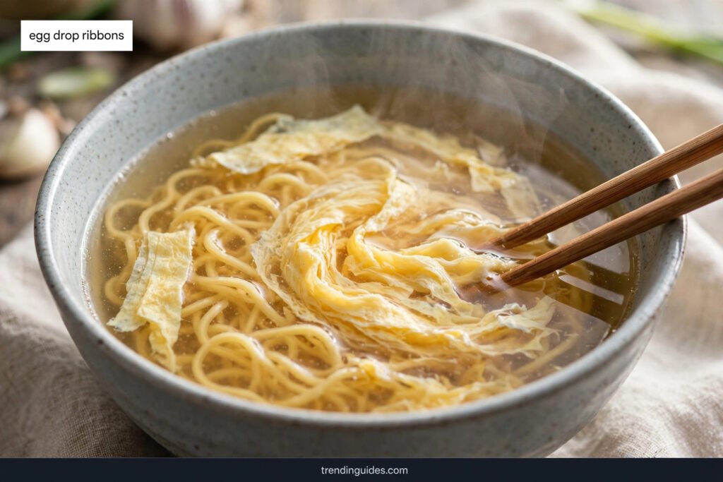 Silky egg drop ribbons swirling in a bowl of ramen broth with noodles