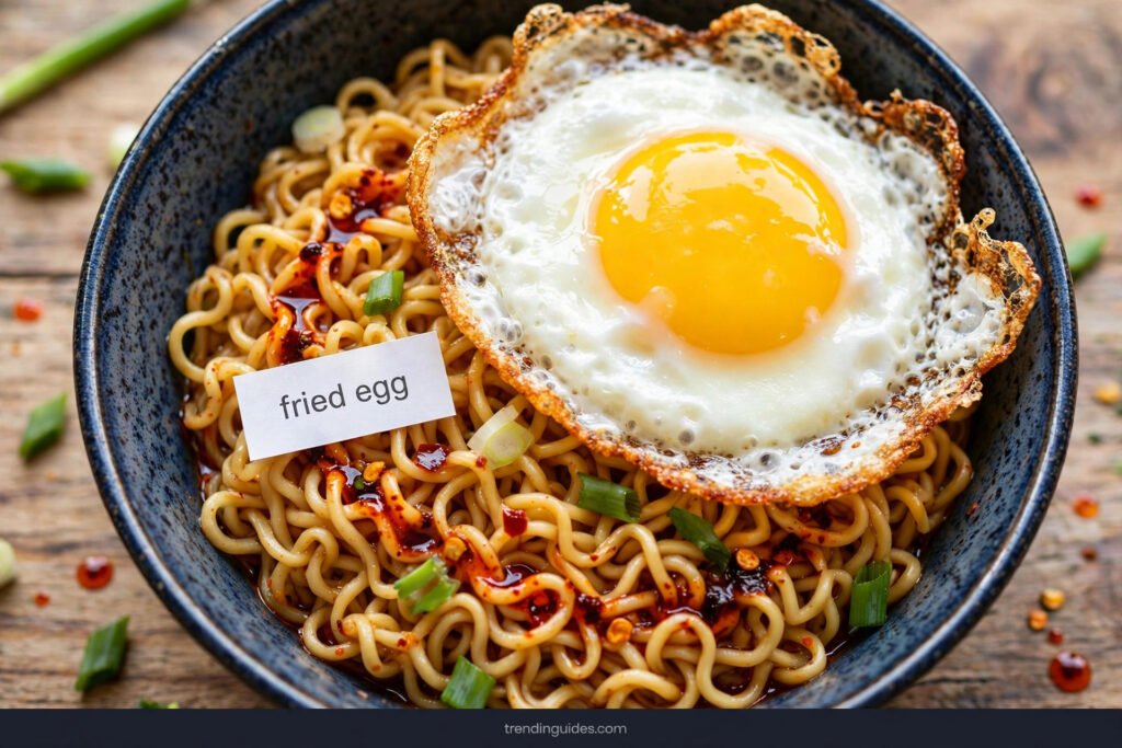 Sunny-side-up fried egg with crispy edges on a bowl of ramen noodles