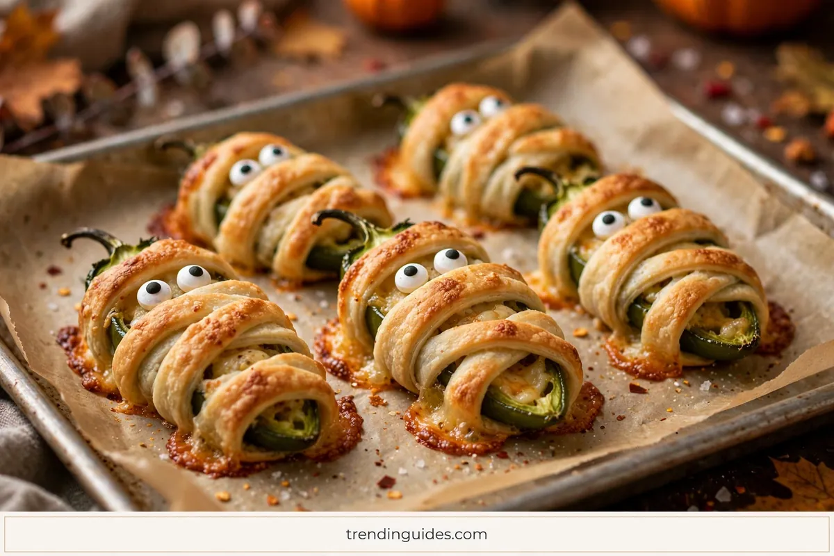 Golden baked mummy jalapeno poppers with candy eyes on a baking sheet