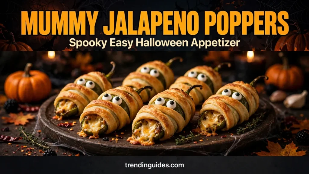 Mummy jalapeno poppers with candy eyes on a dark Halloween platter