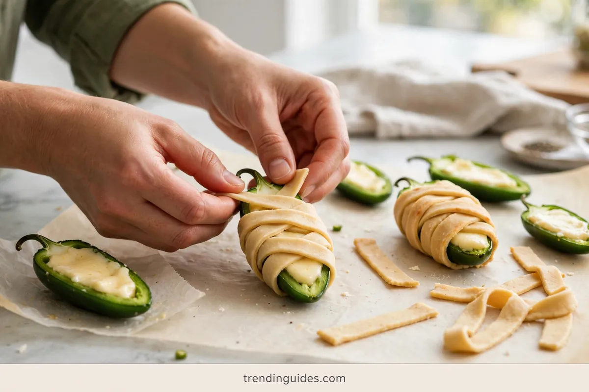 Hands wrapping crescent dough strips around a stuffed jalapeno
