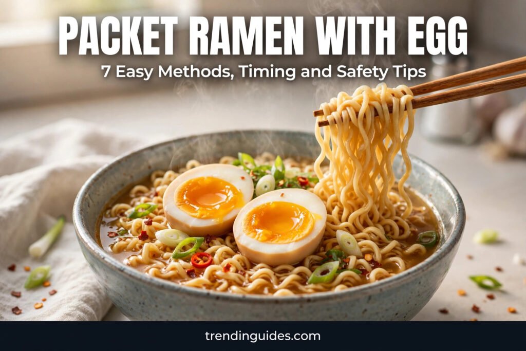 Steaming bowl of packet ramen with a jammy soft-boiled egg and chopsticks lifting noodles