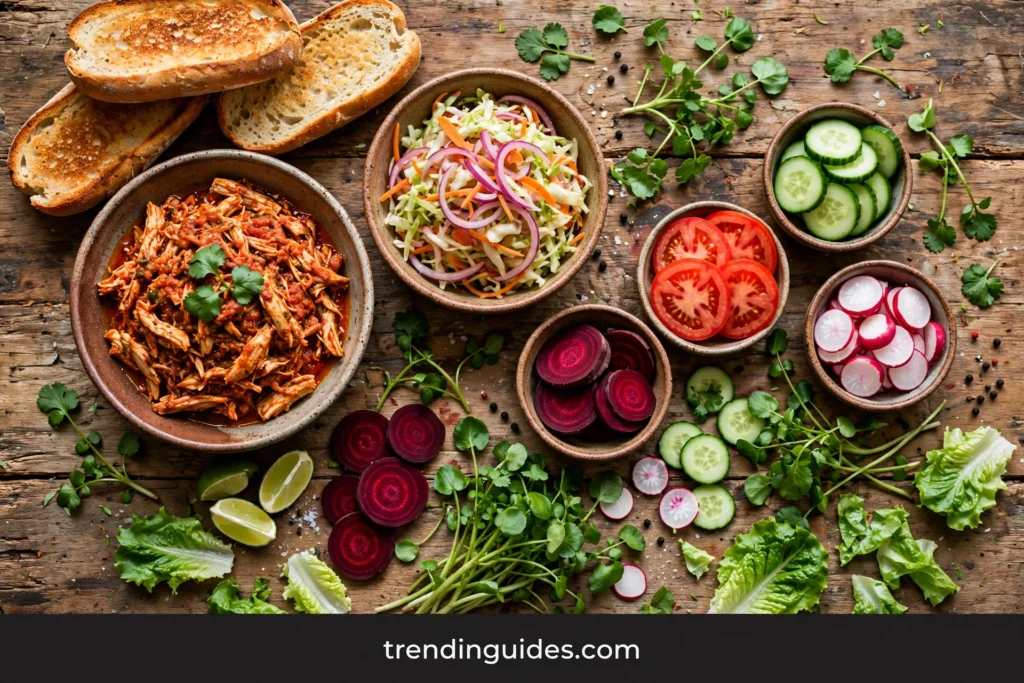 Sandwich assembly spread with rolls, chicken in recaudo sauce, and fresh vegetables