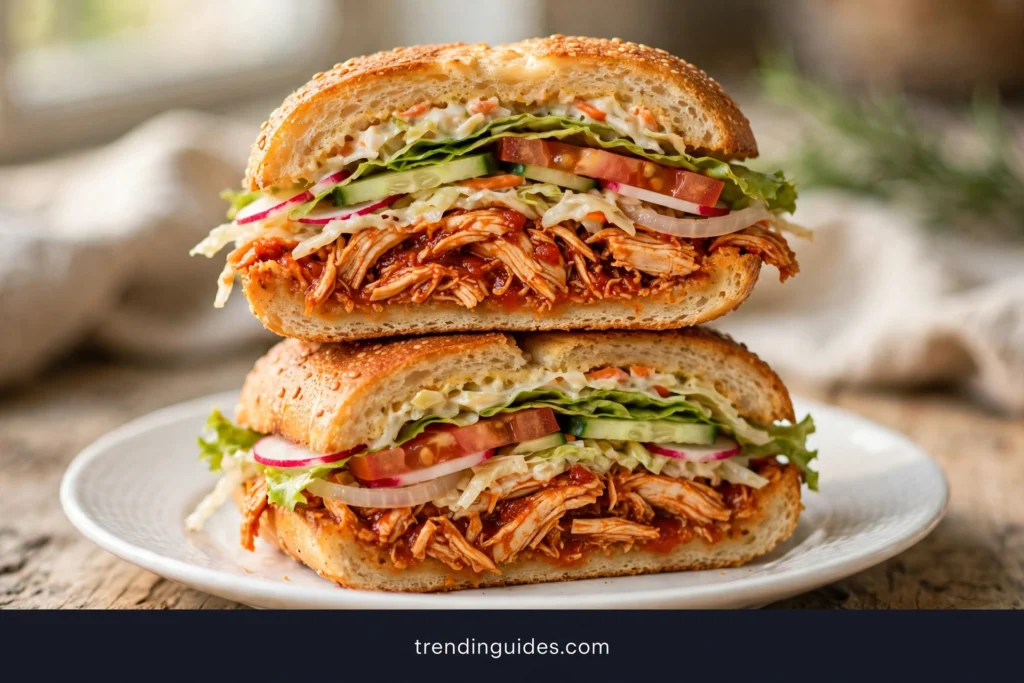 Pan con pollo sandwich cut in half showing chicken, escabeche, and vegetable layers