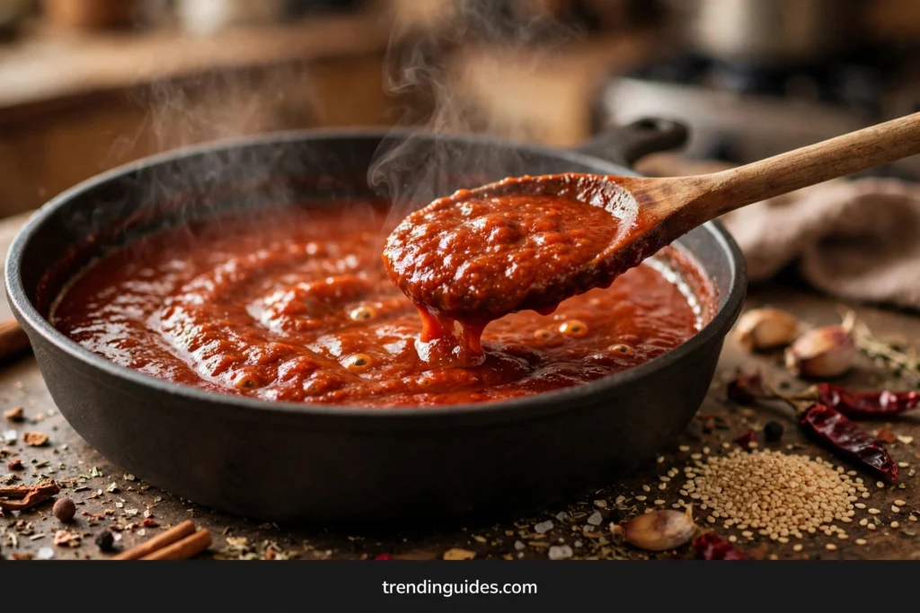 Rich red recaudo sauce simmering in a pot