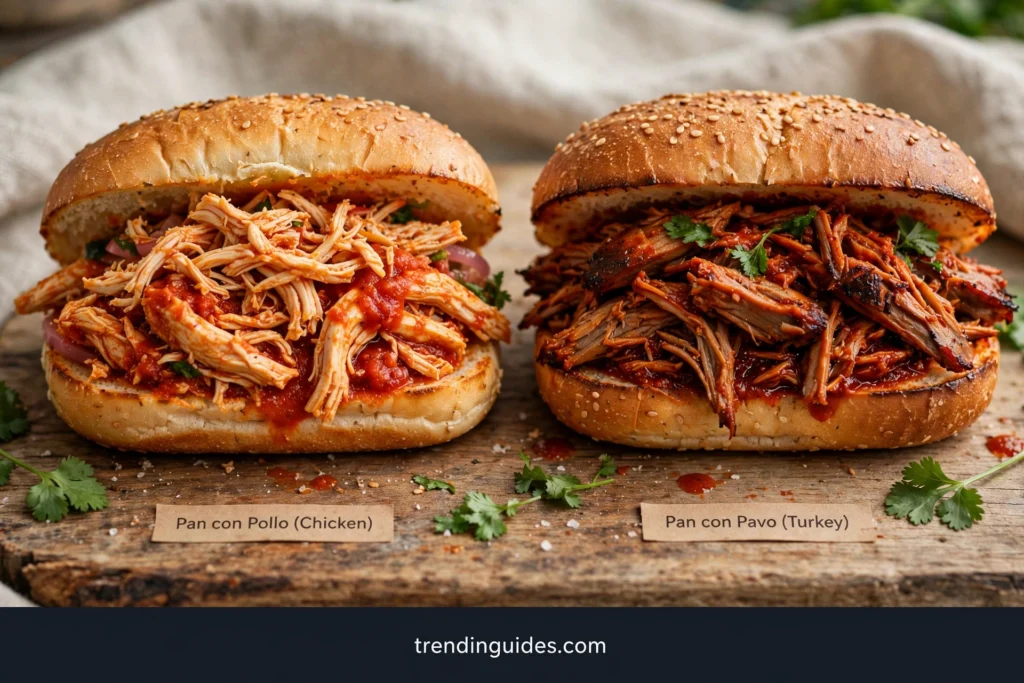 Pan con pollo chicken sandwich and pan con pavo turkey sandwich side by side