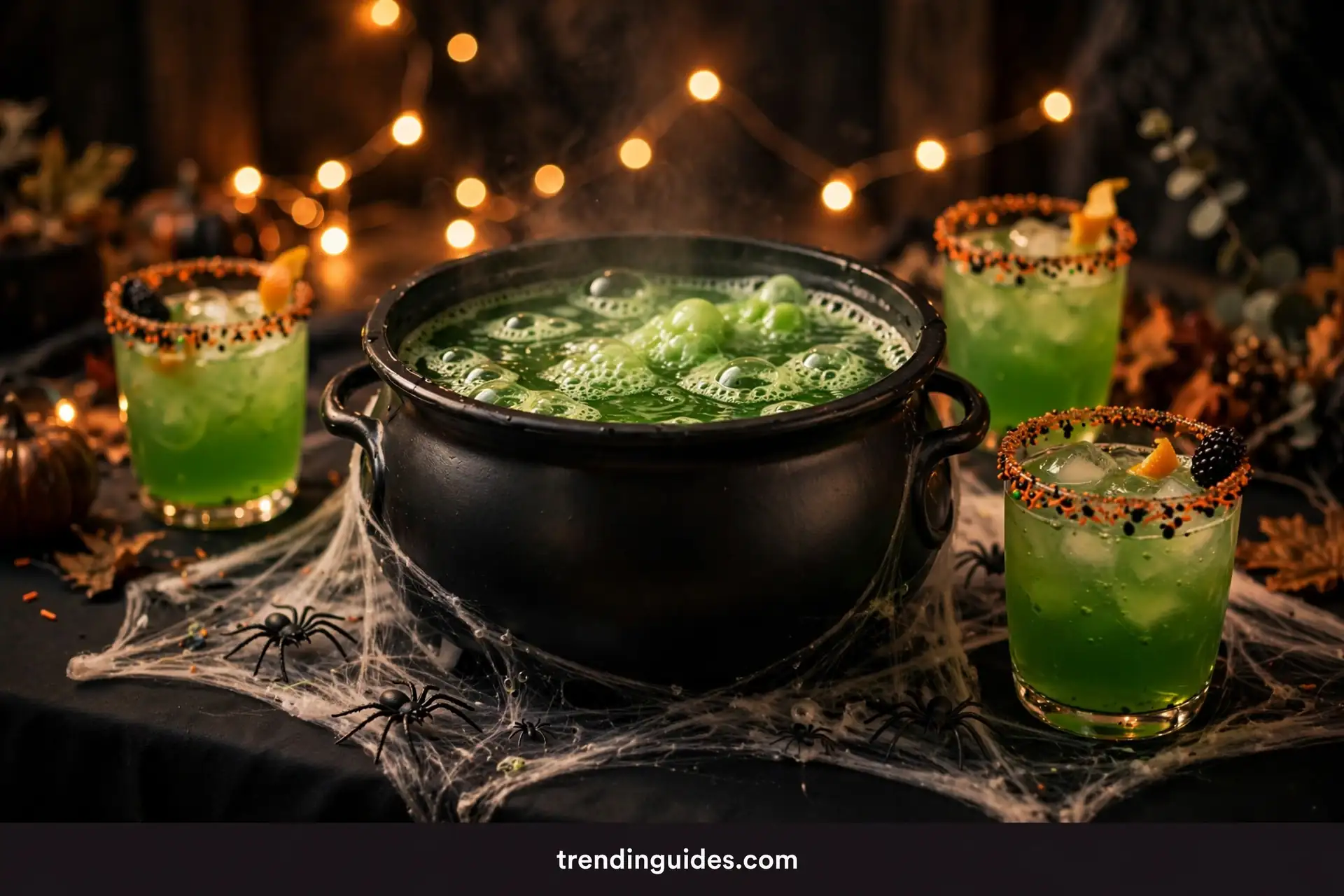 Halloween potion punch served in a decorated cauldron on a party table
