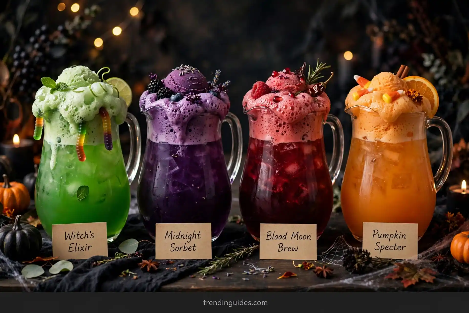 Four Halloween potion punch colors in glass pitchers
