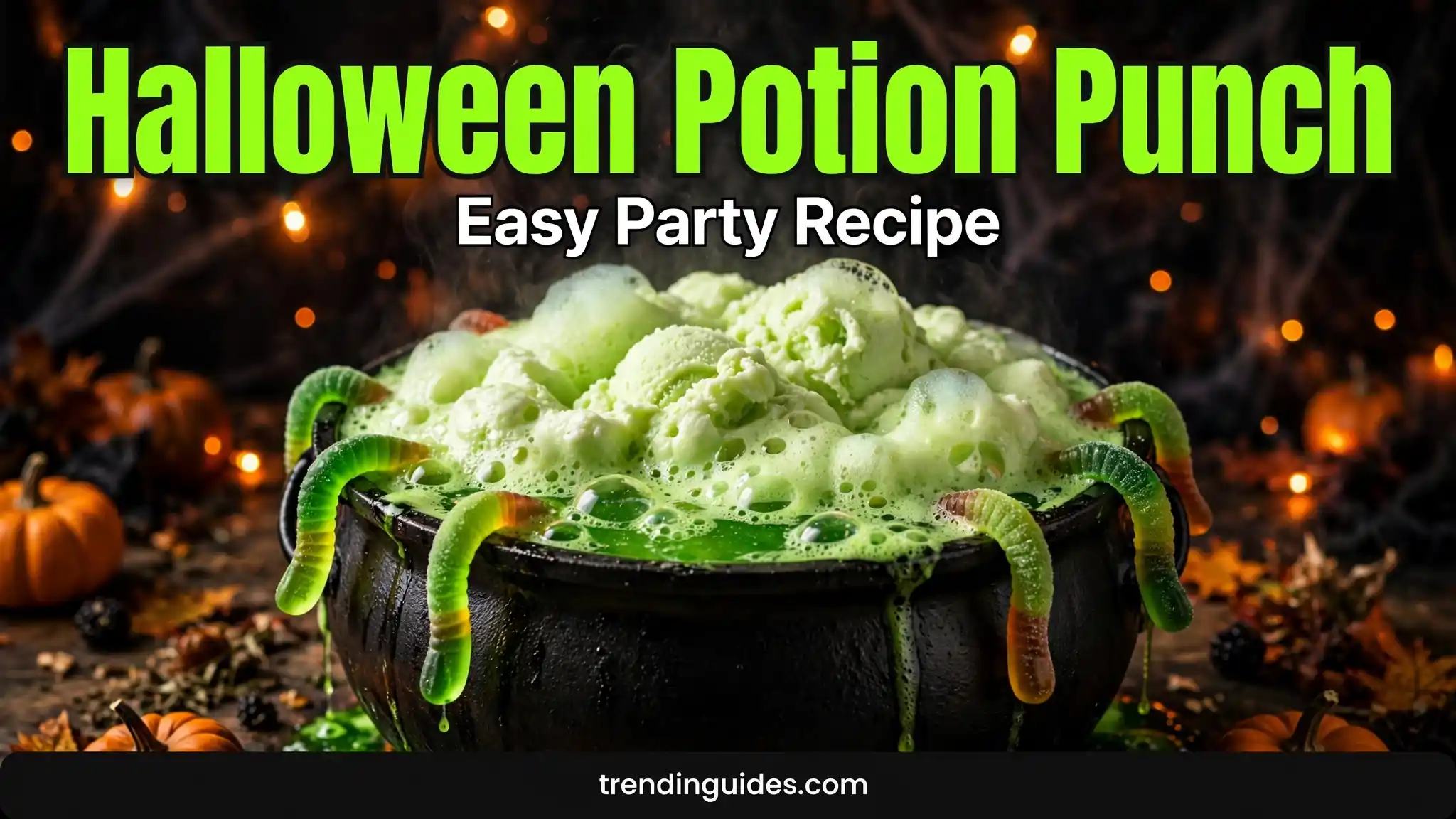 Halloween potion punch in a black cauldron with lime sherbet foam and gummy worms