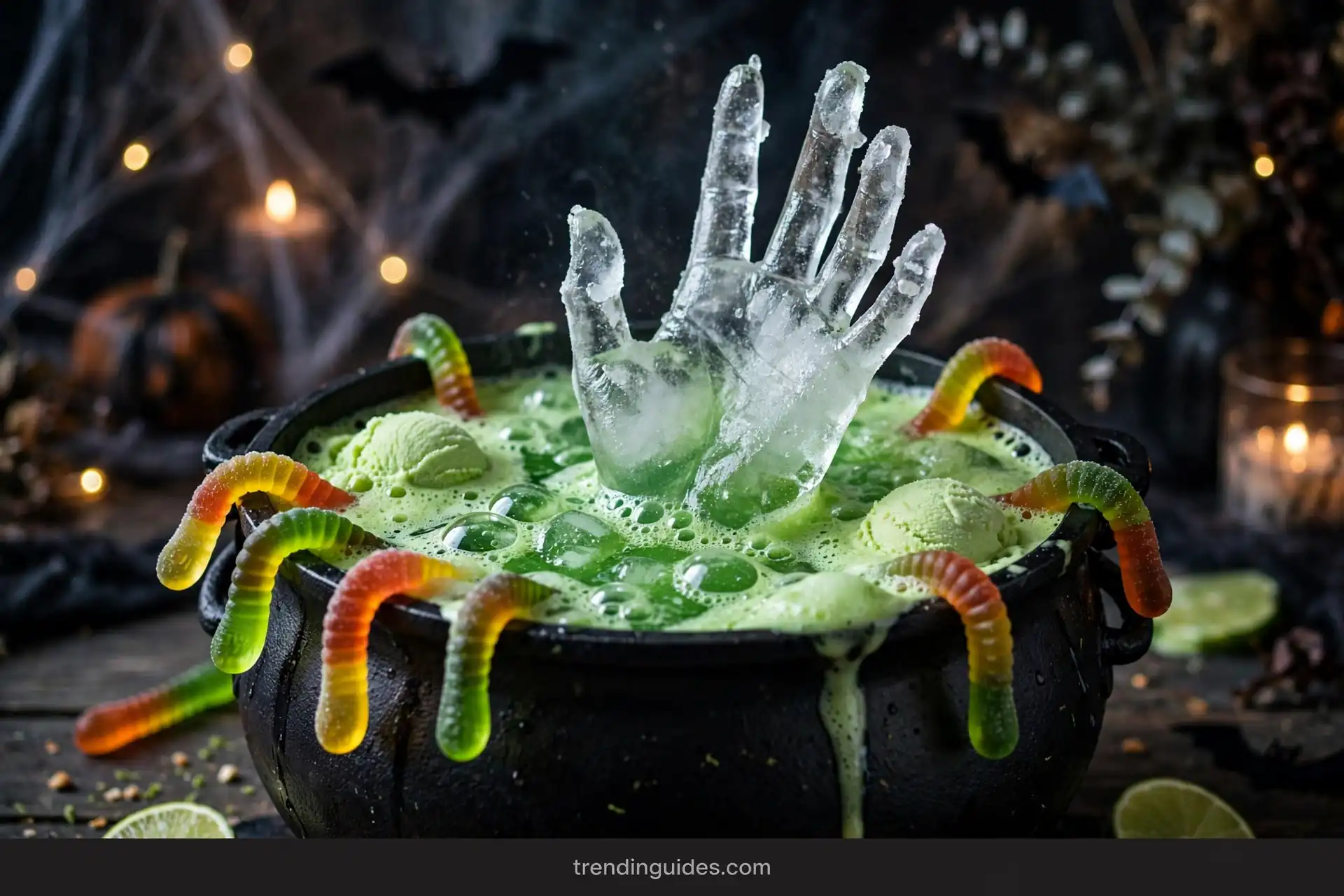 Frozen ice hand floating in green Halloween potion punch
