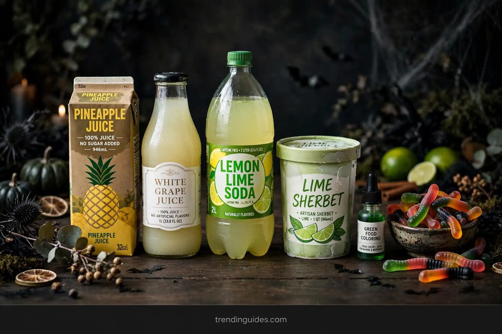 Ingredients for Halloween potion punch arranged on a dark table