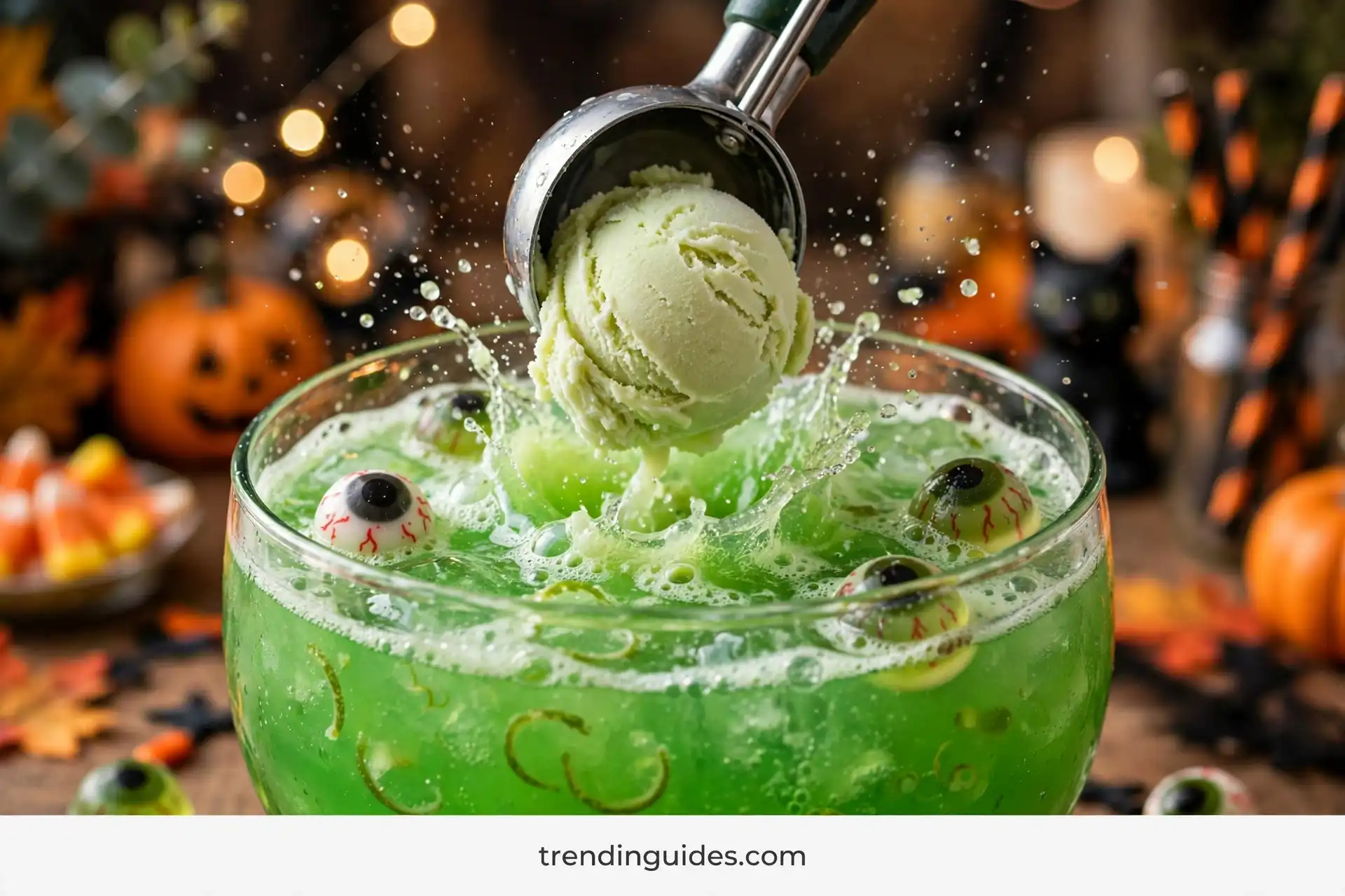 Dropping lime sherbet scoops into green Halloween punch