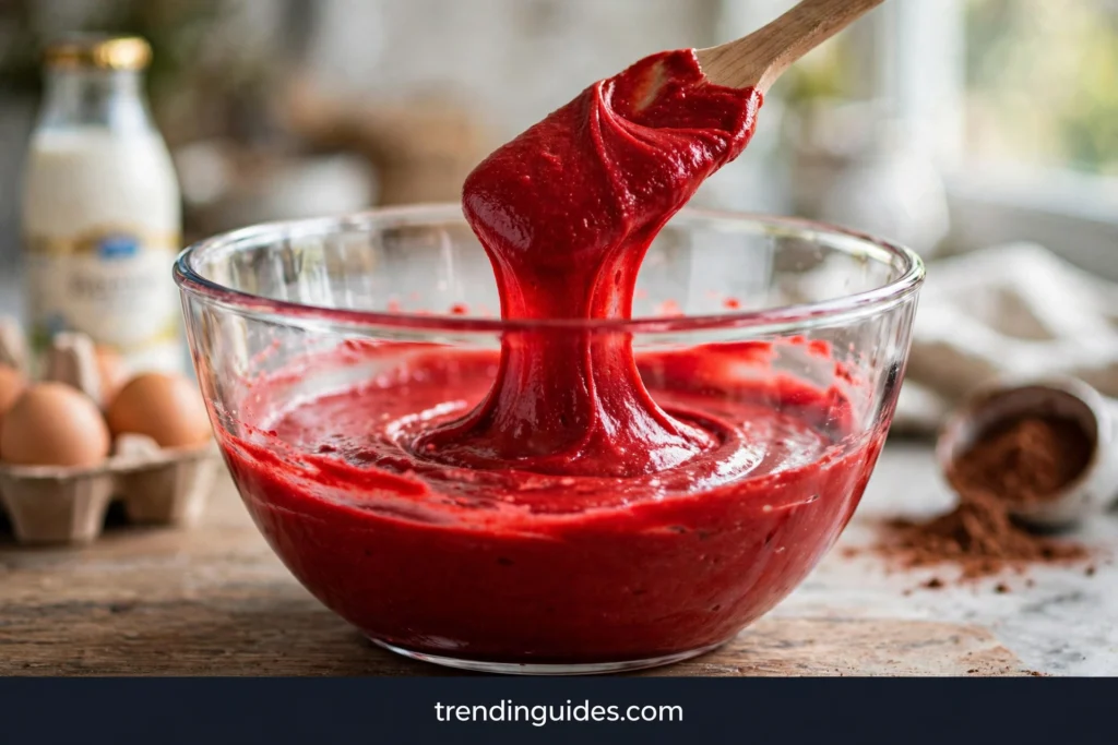 Vivid red velvet cake batter in a glass mixing bowl with a spatula