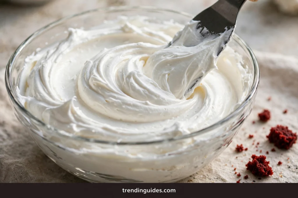 Silky white ermine frosting swirled in a glass bowl