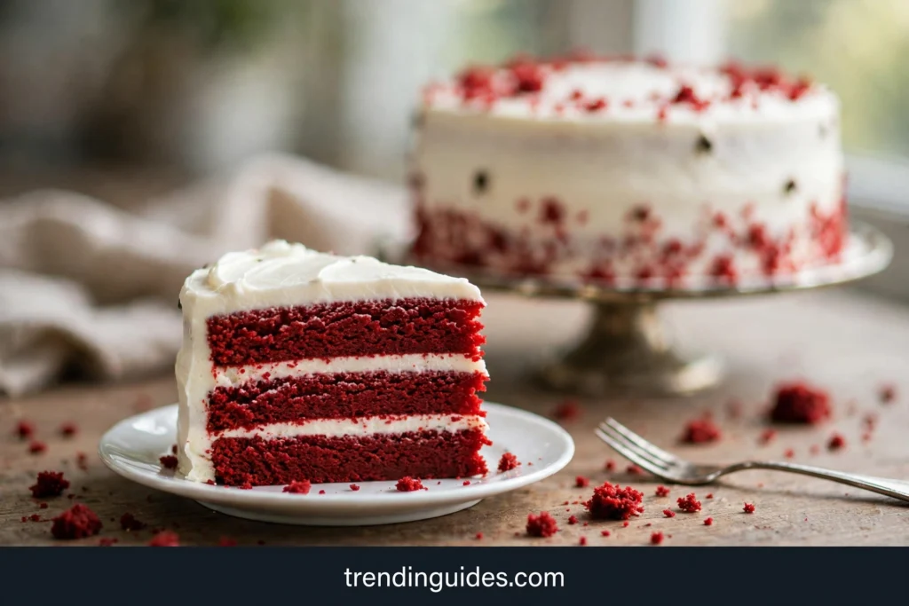 A slice of red velvet layer cake with ermine frosting on a plate