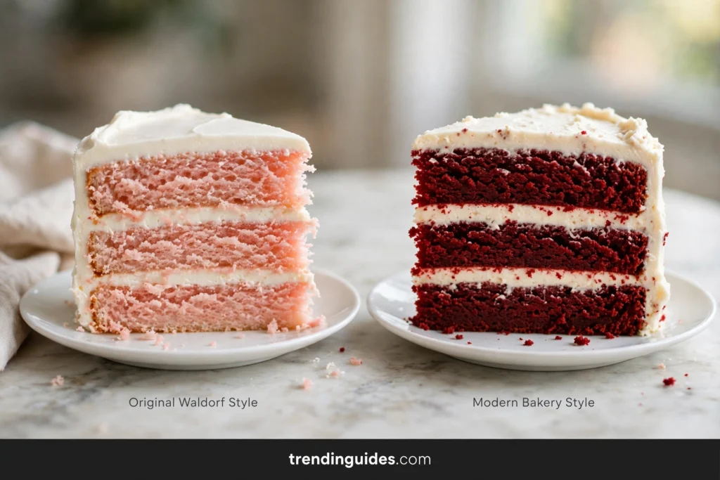 Two red velvet cake slices comparing original Waldorf style and modern bakery style