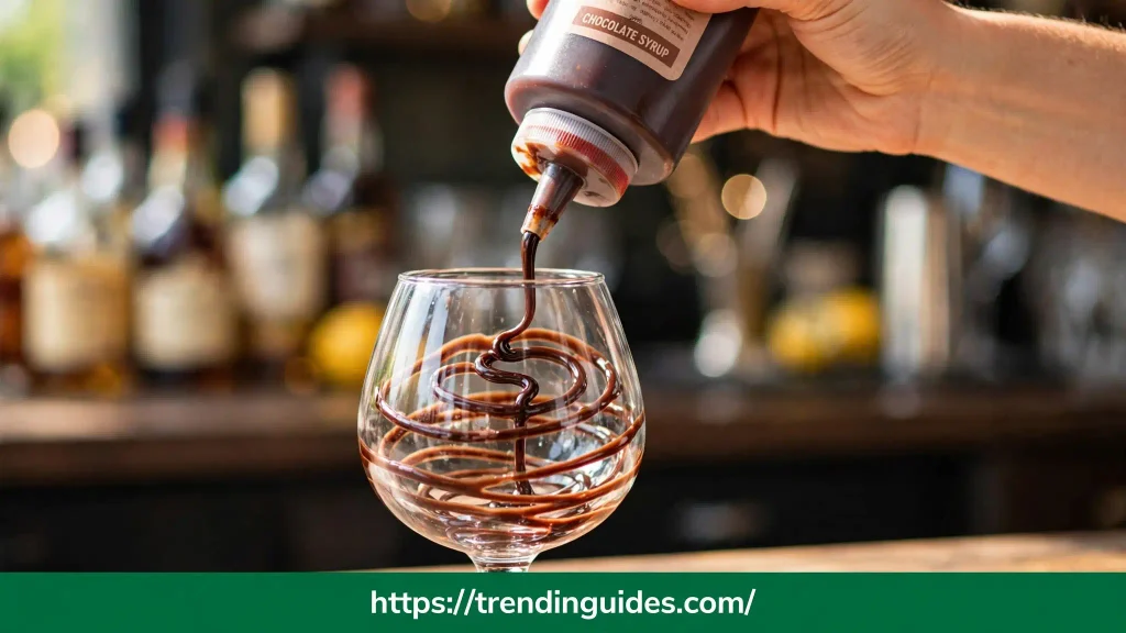 Drizzling chocolate syrup in swirls inside a snifter glass for White Dove cocktail