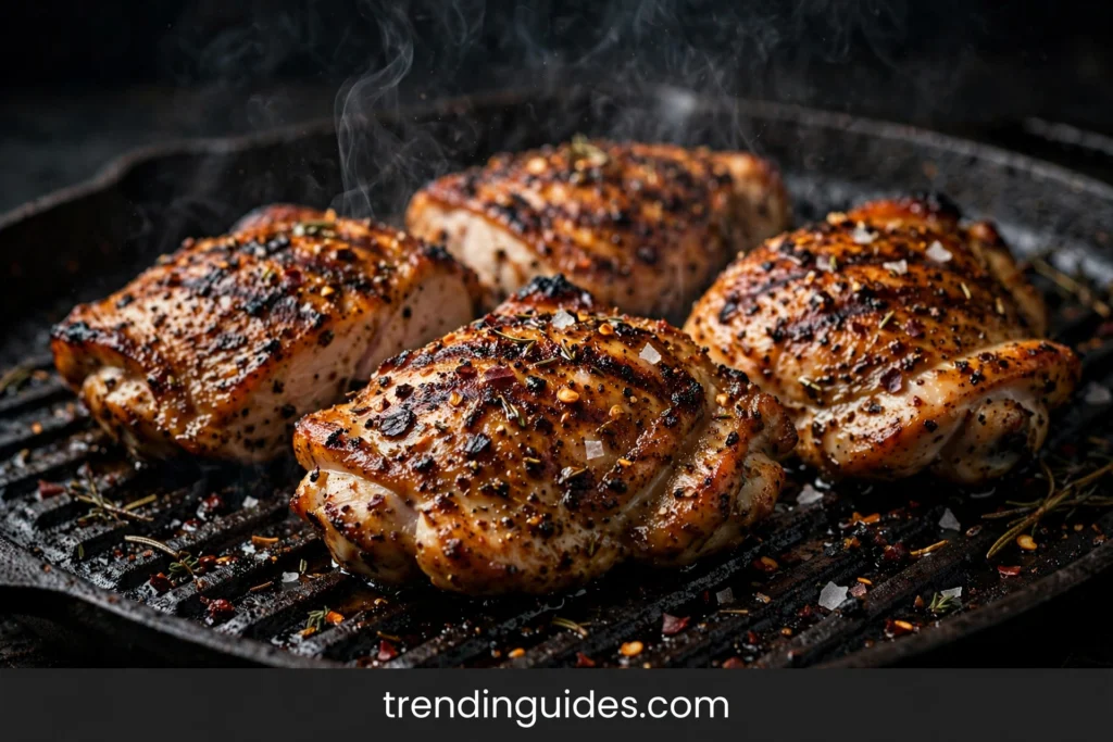 Grilled chicken thighs with char marks on a grill pan