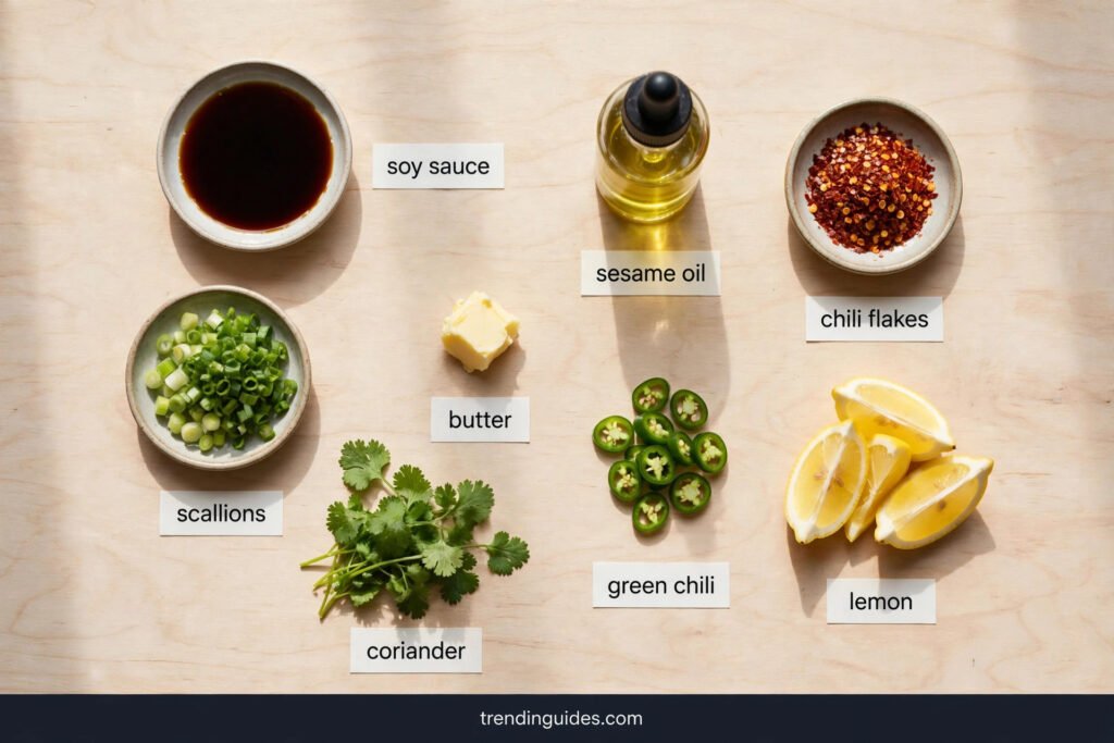Overhead flat lay of ramen toppings: soy sauce, sesame oil, chili flakes, scallions, butter, green chili, coriander and lemon