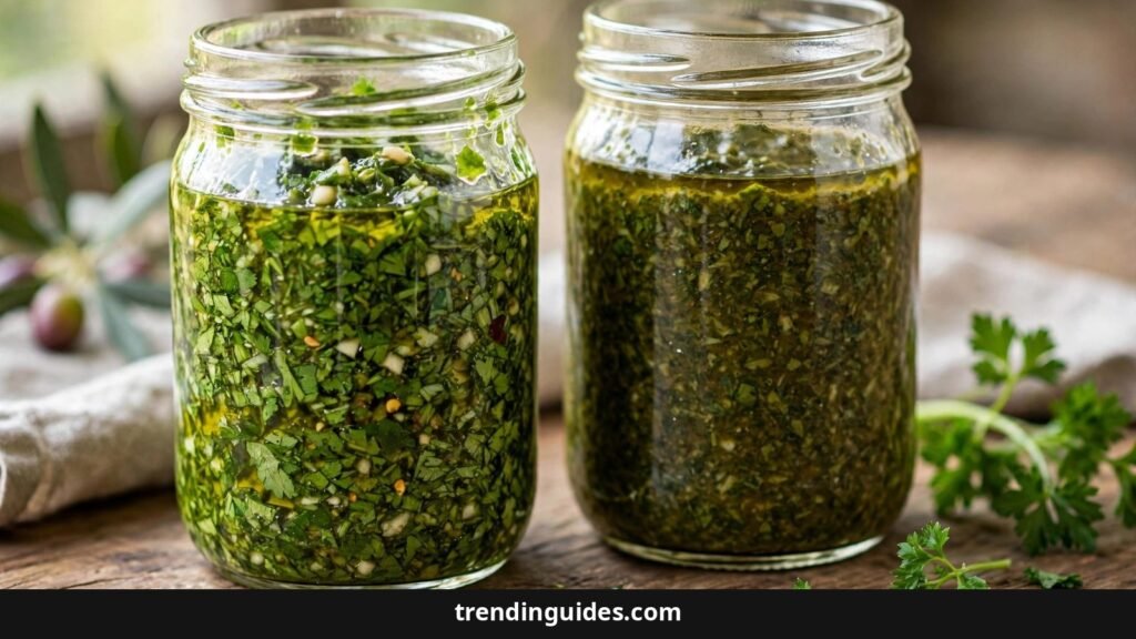 Freshly mixed chimichurri next to chimichurri rested for three hours