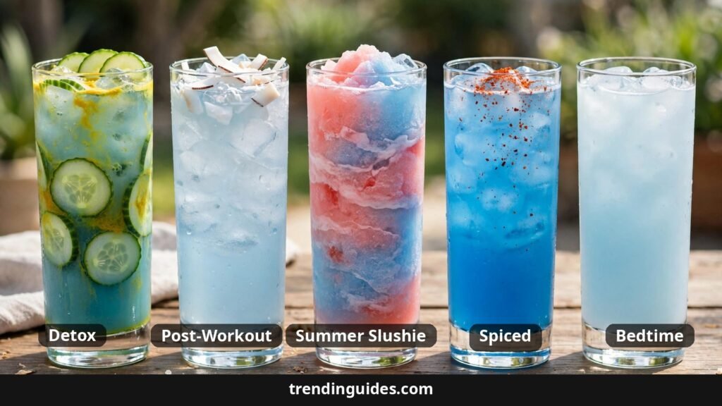 Five glasses of blue salt drink variations: detox, post-workout, slushie, spiced, and bedtime