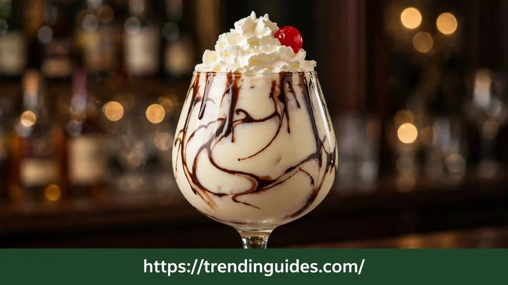 White Dove cocktail in a chocolate-lined snifter with whipped cream and cherry