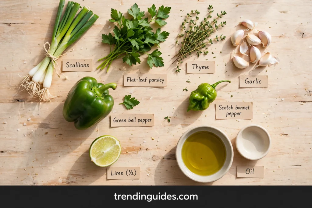 Fresh ingredients for Haitian epis green seasoning with labels