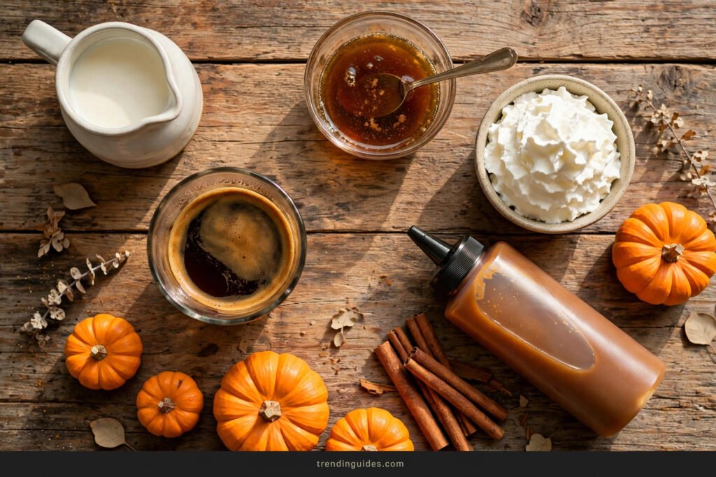 Overhead flat lay of pumpkin spice latte ingredients: espresso, milk, pumpkin syrup, whipped cream, caramel sauce, cinnamon sticks and mini pumpkins