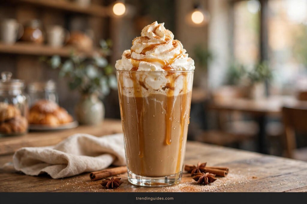 Pumpkin spice latte in a tall glass topped with swirled whipped cream, caramel drizzle and cinnamon sugar